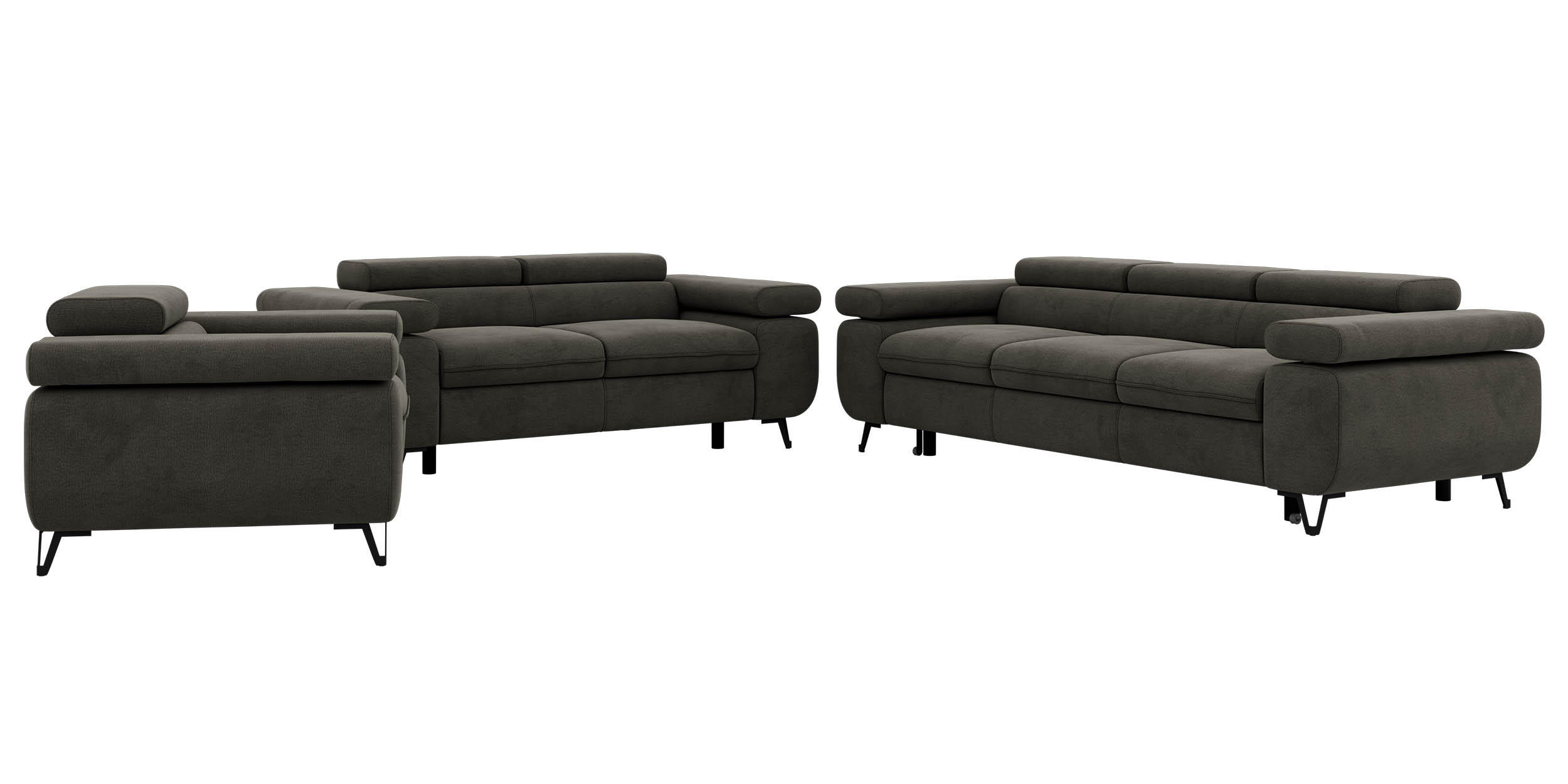 SITZGARNITUR PETER 1+2+3 mit Schlaffunktion - Dunkelgrau Velvet - Dunkelgrau/Schwarz, Textil/Metall (262/76/99cm) - MKS