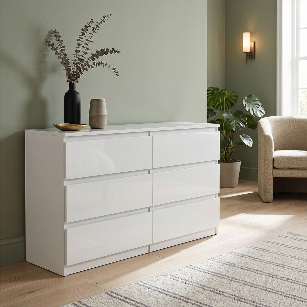KOMMODE NUDO 138,5/78,5/39cm mit 6 Schubladen Türen Weiß - Weiß Hochglanz/Weiß, Holzwerkstoff (138.5/78.5/39cm) - MASSENO