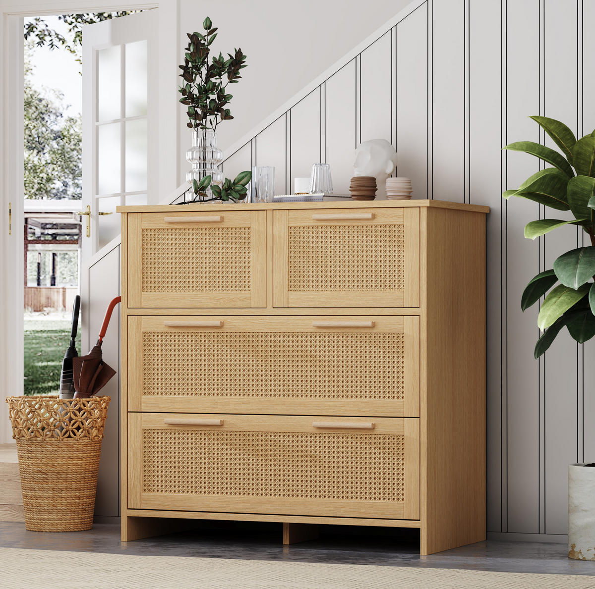 KOMMODE 80/80/38 cm in Natur mit 4 Schubladen und Rattanfronten - Naturfarben, Holzwerkstoff (38/80/80cm) - Flora Grace