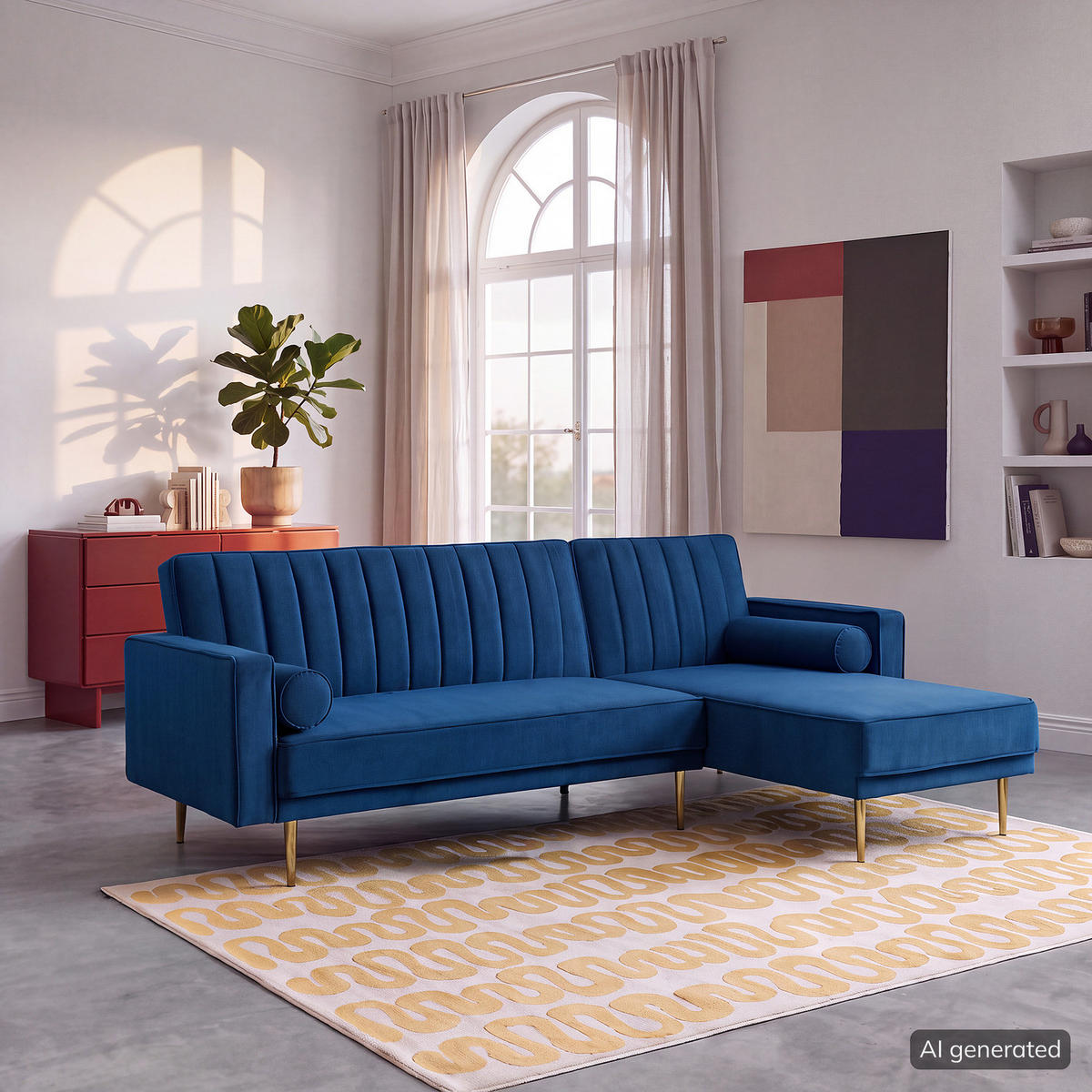 ECKSOFA mit Schlaffunktion - Goldfarben/Blaugrau, Textil/Metall (223/144cm) - home24