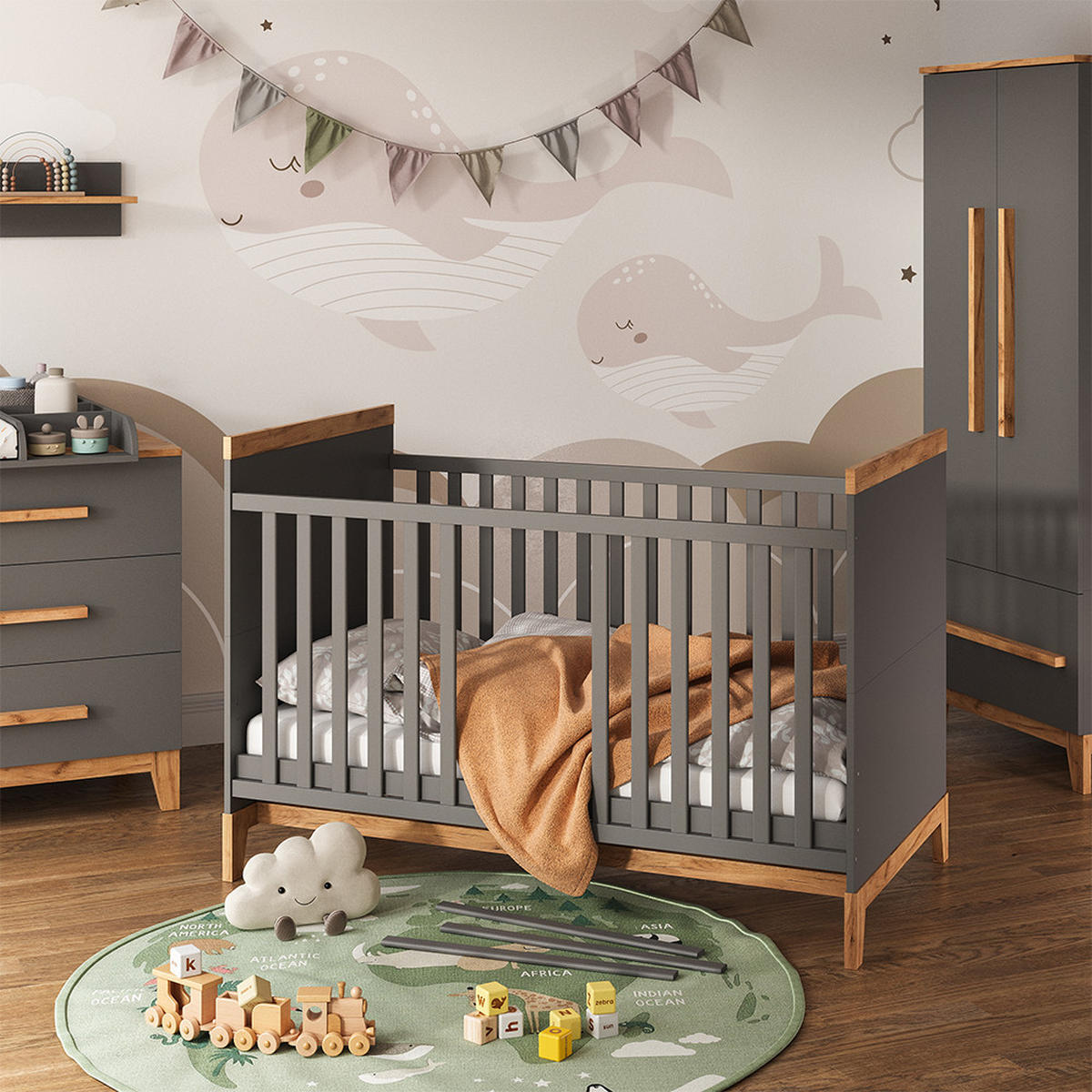 BABYBETT Malia Grau/Artisan 70x140 cm - Hellgrau/Grau, Holzwerkstoff - VitaliSpa