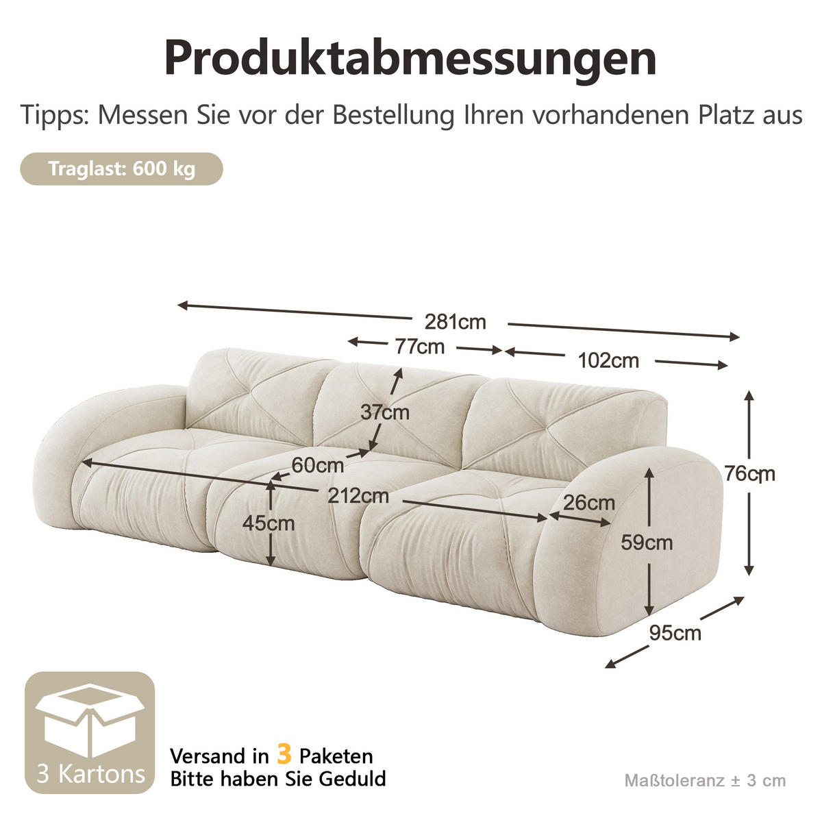3-SITZER-SOFA DE-34276 modular Beige - Beige, Textil (95/76/281cm) - ComfortXL