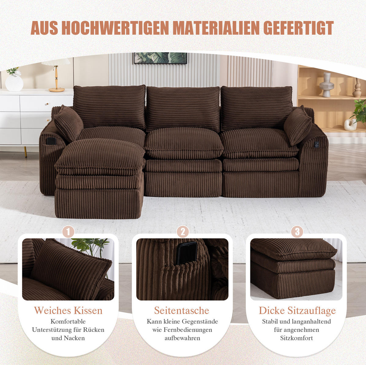 3-SITZER-KORDSOFA 263/167/85 cm mit Hocker, Kissen, Seitentaschen und Federkern, Braun - Braun, Textil (263/85/167cm) - Redom