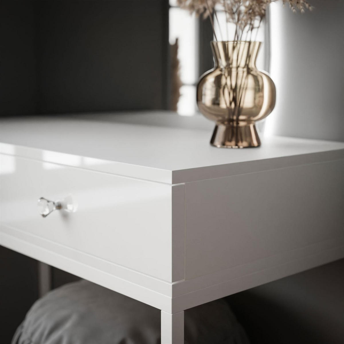 SCHMINKTISCH weiß QUINNIE mit LED-Spiegel rechts Griff Kristall - Weiß Hochglanz/Weiß, Holzwerkstoff (100/176/42cm) - Lookway