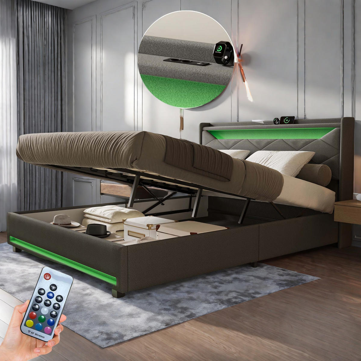 POLSTERBETT 140x200 cm, Bett mit LED-Beleuchtung, Grau Leinen - Grau, Metall (140/200cm)