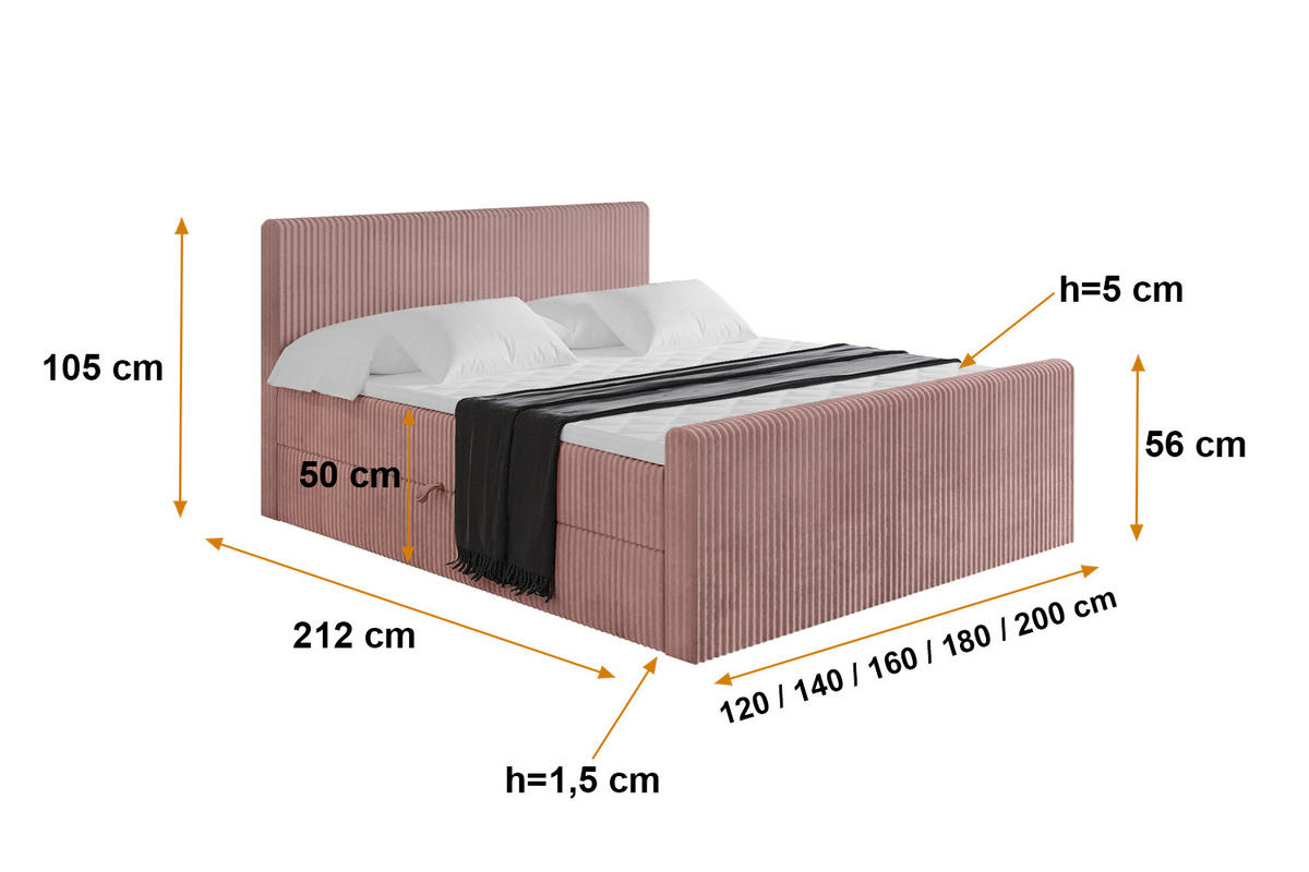 BOXBETT mit Matratze H4 und Lattenrost - TOLO-Z - 120x200 Cord - Hellrosa - Hellrosa, Holzwerkstoff (120/200cm) - ALTDECOR