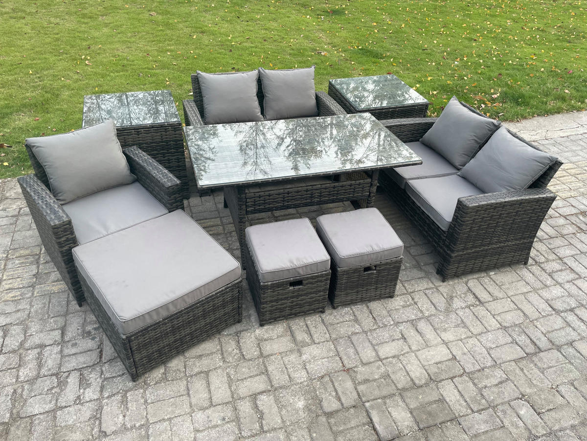 BALKONMÖBEL-SETS mit 2-Sitzer Sofa,3 Hockern,Esstisch,2 Beistelltischen Polyrattan Dunkelgrau 8-Sitzer - Dunkelgrau/Grau, Glas/Kunststoff - Fimous