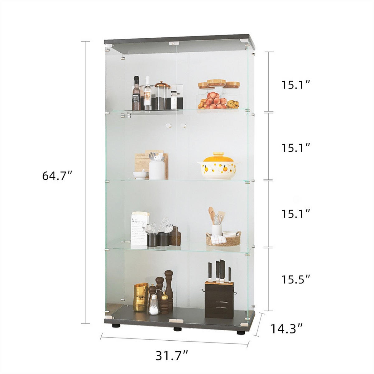 VITRINE - Glasvitrine mit 2 Türen und 4 Ebenen - abschließbar - Schwarze Decken- und Bodenplatte - Schwarz, Glas (80.5/164.3/36.3cm) - DELFA