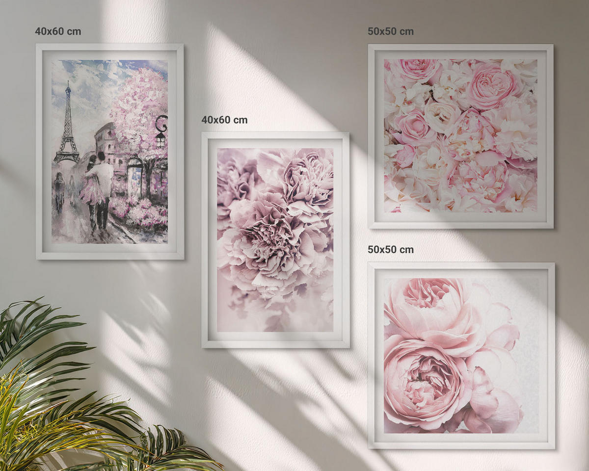 WANDBILDER 4er-Set - 50x50 cm & 40x60 cm Weißer Rahmen - Rosa Blumen, romantische Landschaft - Weiß, Kunststoff (50/50cm) - ArtPrintCave
