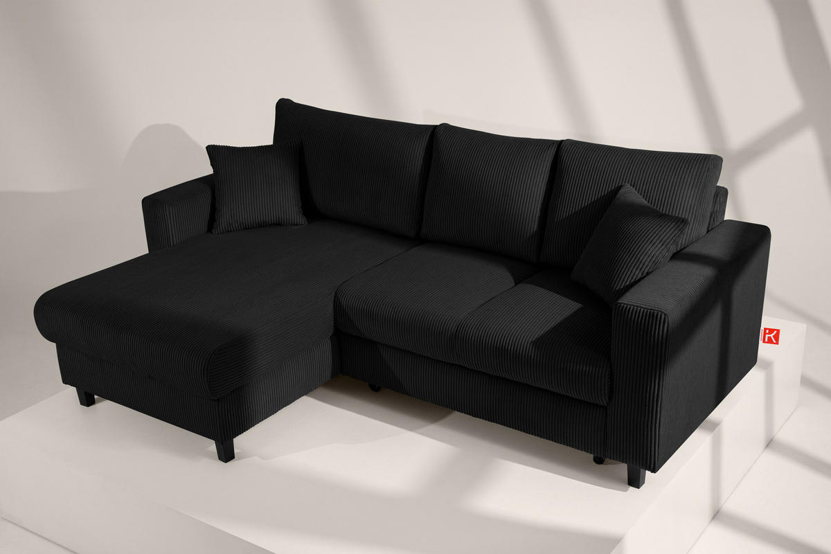 ECKSCHLAFSOFA EGRET Links mit Bettkasten, Cord-Stoff, schwarz - Schwarz, Textil (234/90cm) - KONSIMO®