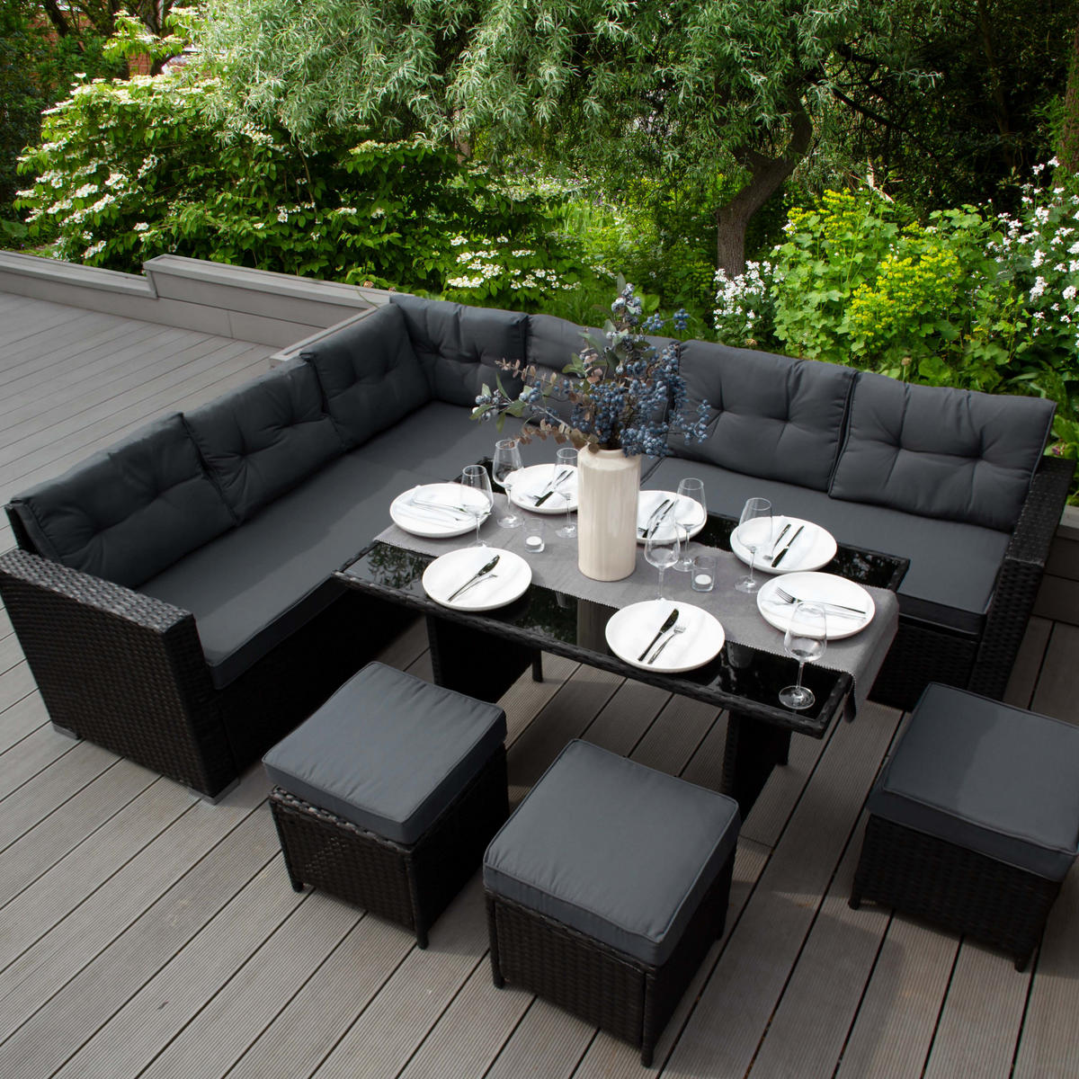RATTAN-ECKGARNITUR 9-Sitzer - Schwarz, Kunststoff - Monstershop
