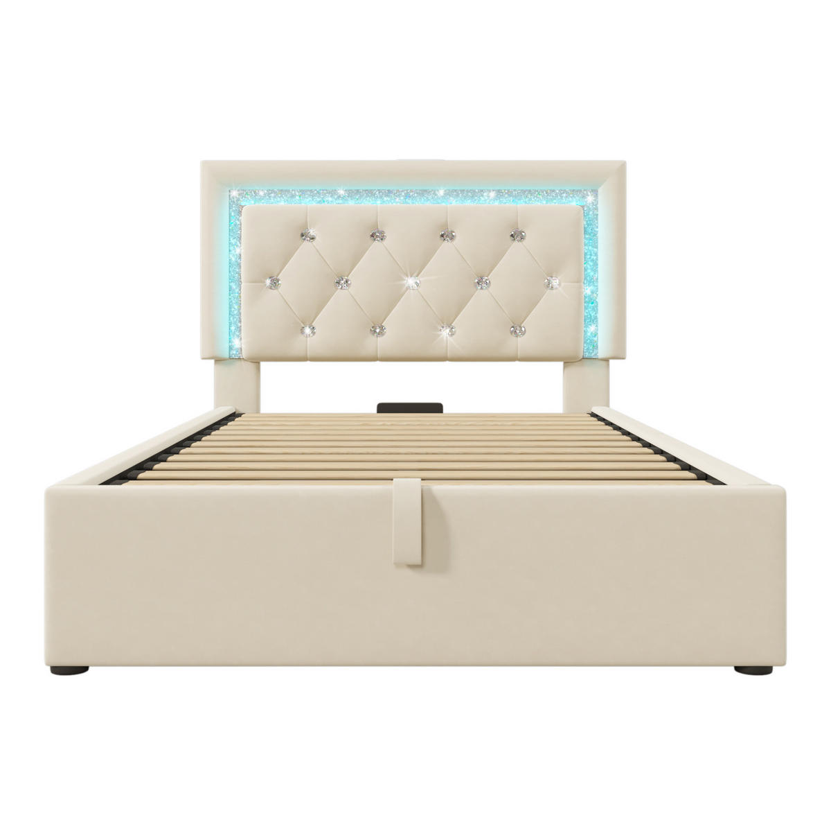 POLSTERBETT 90/200 cm mit LED-Beleuchtung, USB- und Type-C-Anschluss, hydraulischem Bettkasten, Samtbezug, Beige - Beige, Textil (90/200cm) - Redom