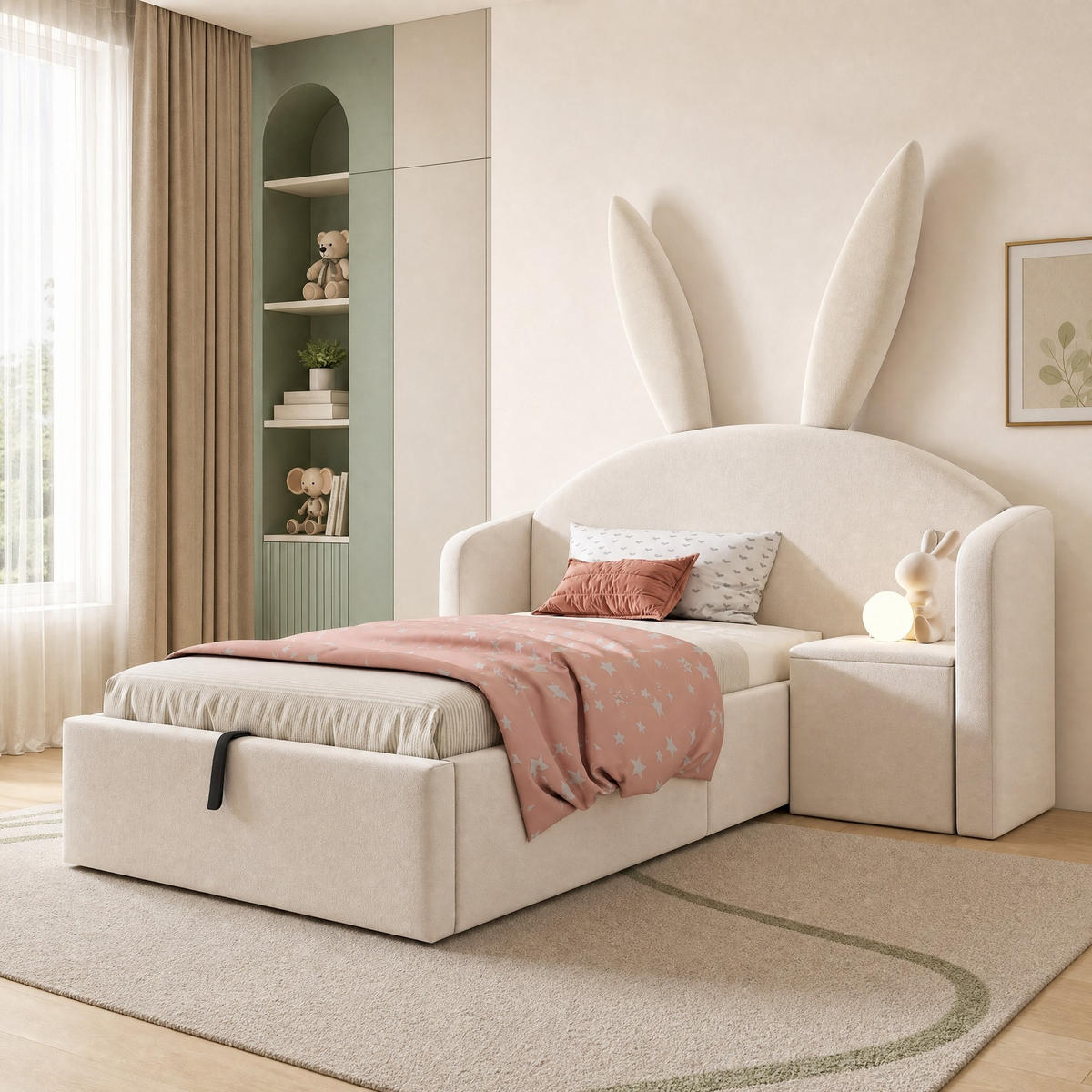 KINDERBETT 90/200 mit hydraulischem Bettkasten, Nachttisch und Hasenohr-Design in Beige - Beige, Holzwerkstoff/Textil (90/190cm) - EVRYAE