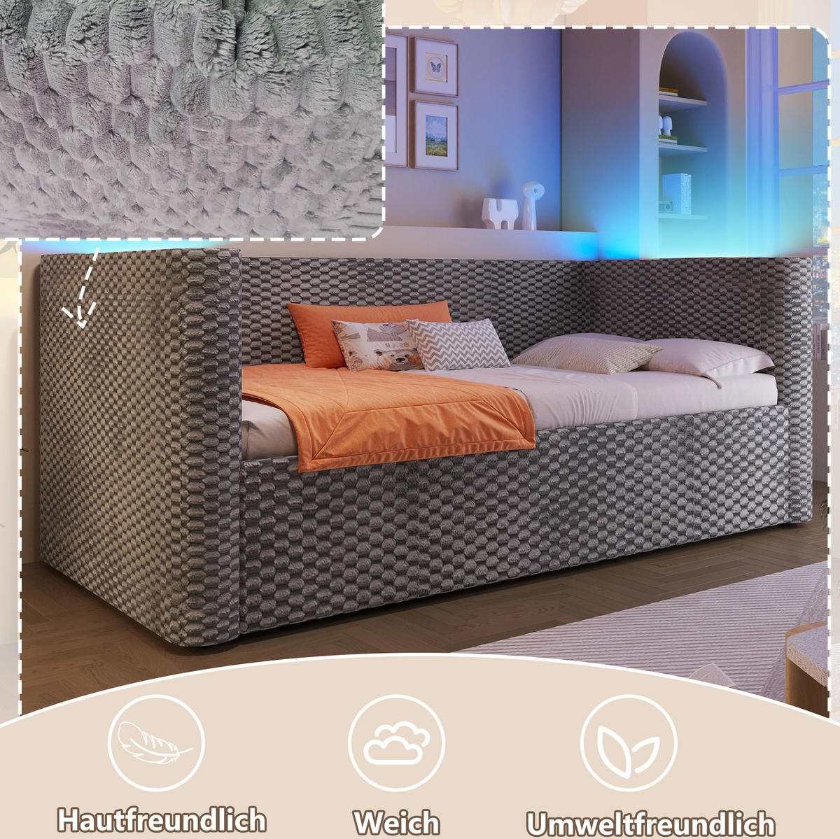 TAGESBETT aus Samt 90x200 cm Grau mit LED-Beleuchtung und hydraulischem Stauraum - Grau, Textil (90/200cm) - IVMEU