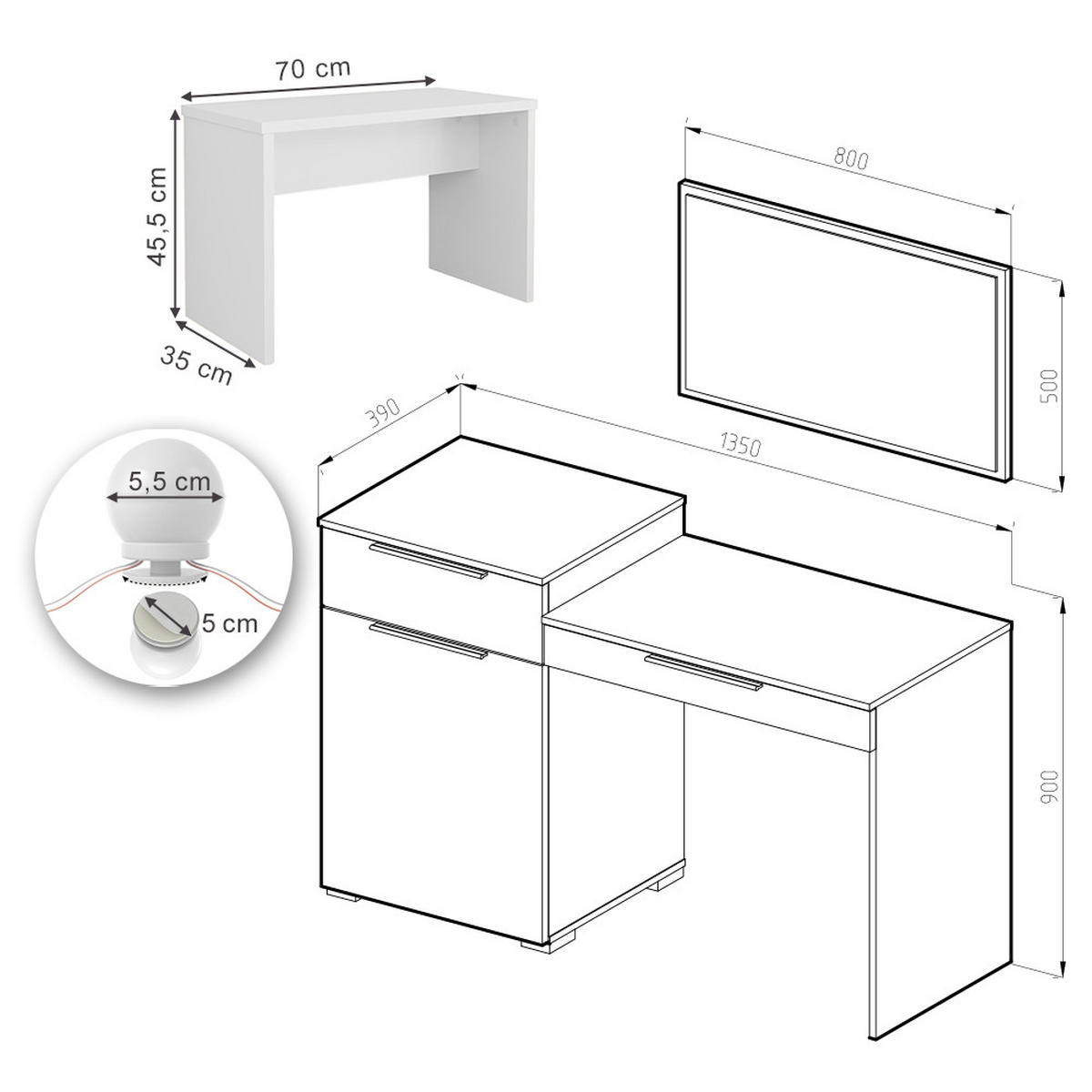 SCHMINKTISCH Lilli Weiß 135 cm mit LED Beleuchtung und Bank - Weiß, Holzwerkstoff (135/90/39cm) - Vicco
