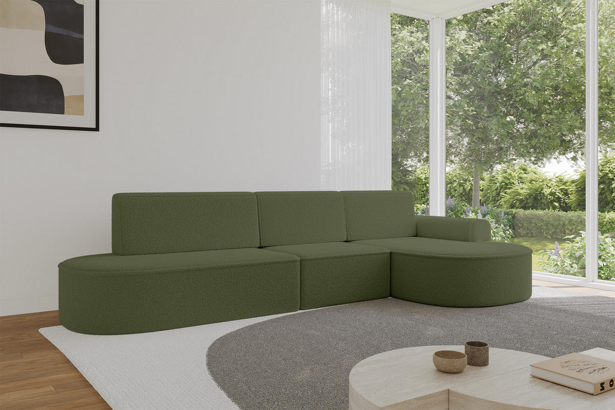 ECKSOFA mit Schlaffunktion Ottomane RECHTS MARI L2-S 368X167X85 Grün Bouclé - Schwarz/Grün, Holzwerkstoff/Kunststoff (167/368cm) - ALTDECOR