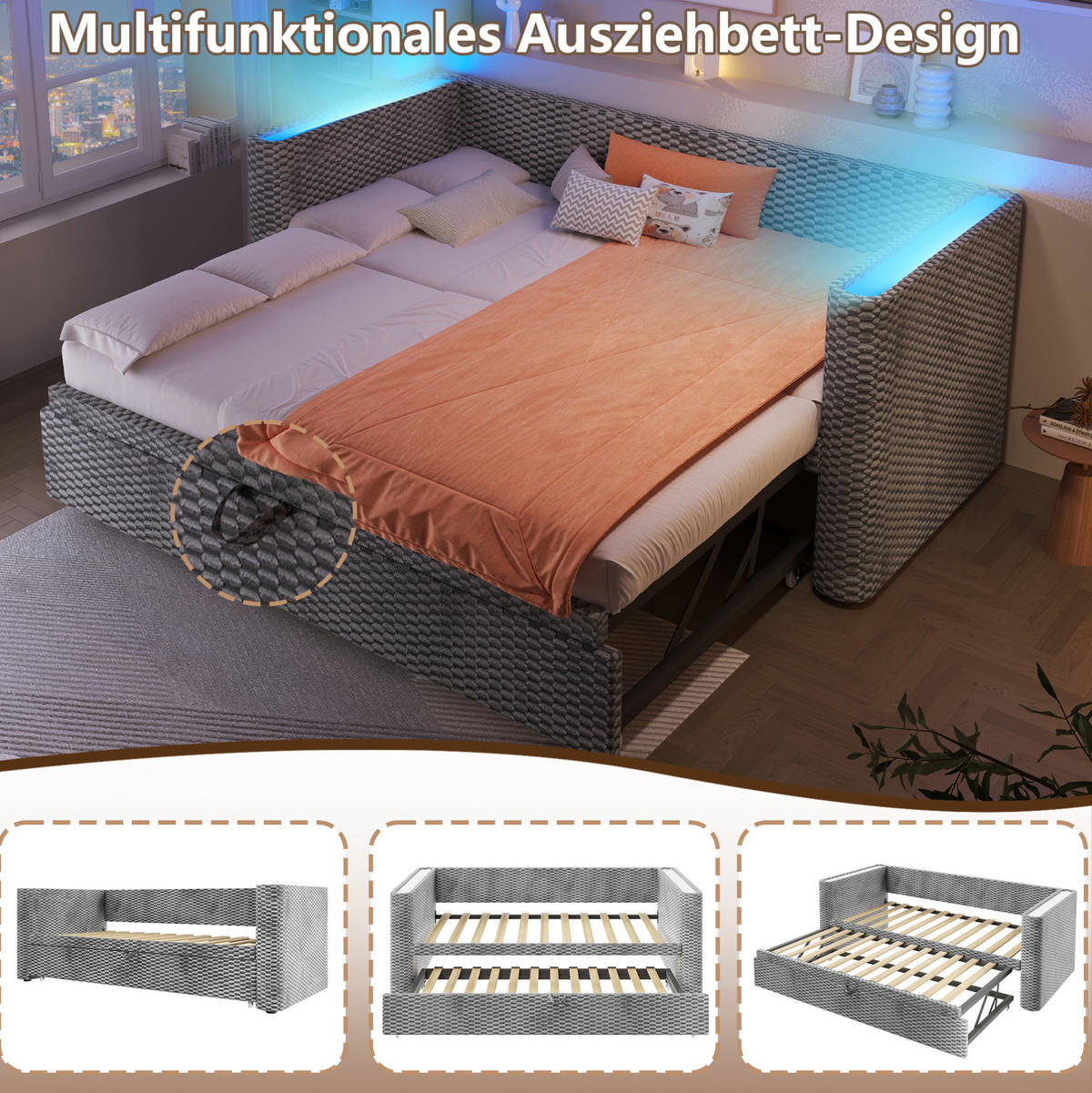 TAGESBETT aus Samt 90x200 cm Grau mit Ausziehfunktion, LED-Beleuchtung und umklappbarer Liegefläche 180x200 cm - Grau, Textil (90/200cm) - Modfu