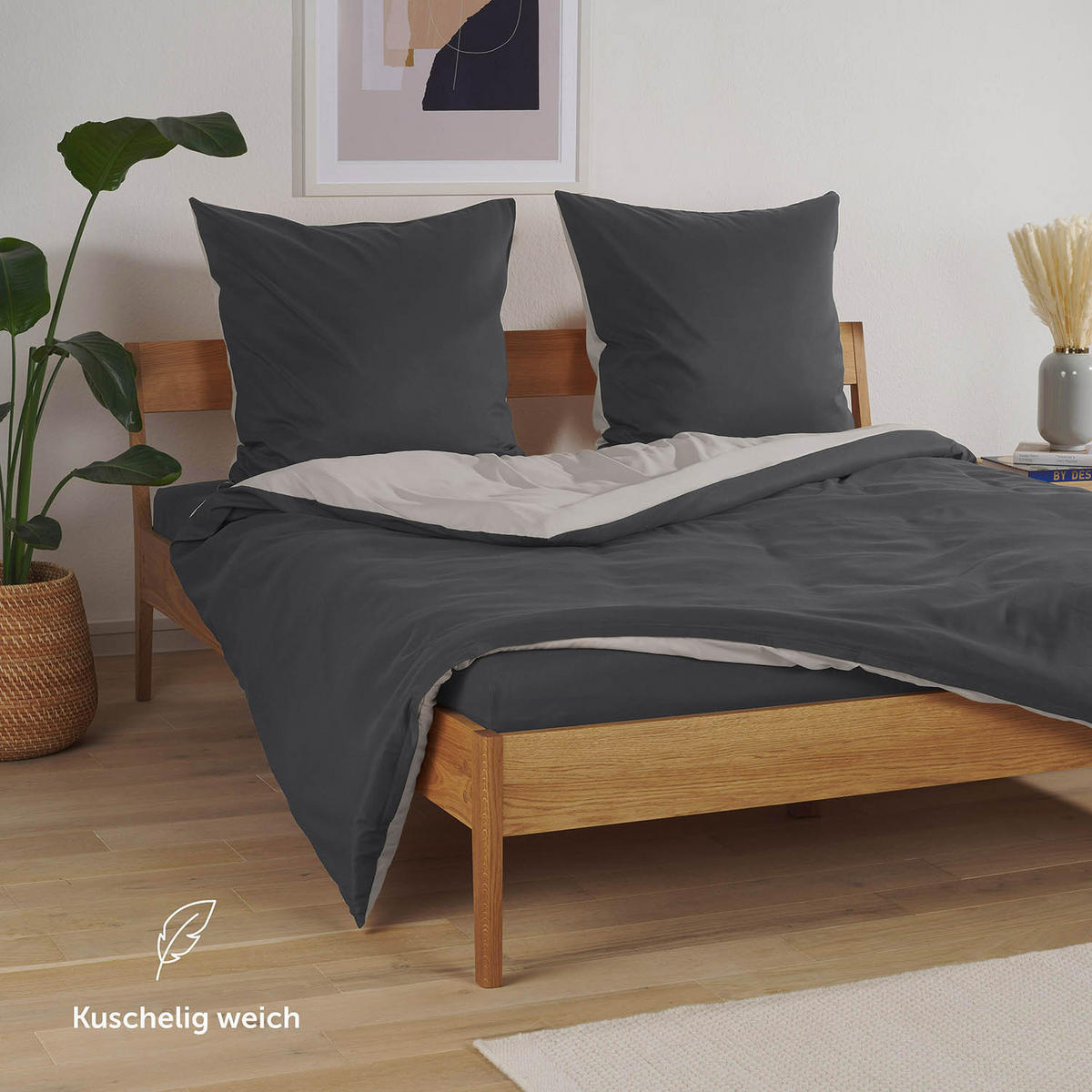WENDEBETTWÄSCHE Ebba 155/200 cm 2 mal 80/80 cm, Anthrazit und Hellgrau - Anthrazit/Hellgrau, Textil (155/200cm) - Blumtal