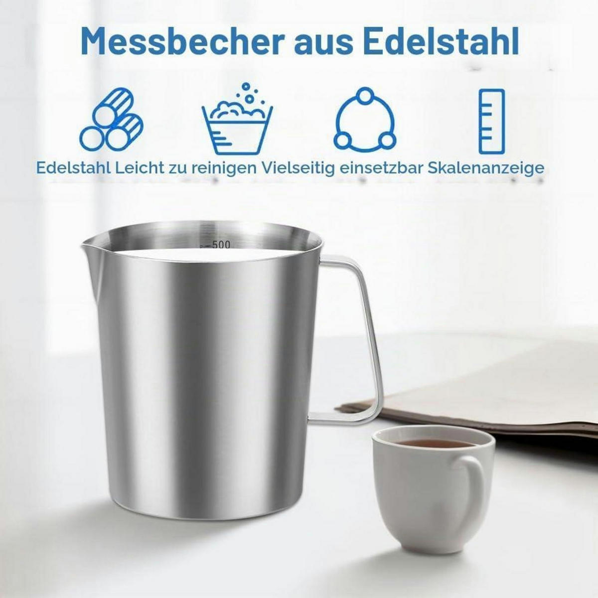 MESSBECHER Edelstahl 500ml mit Tropffreiem Ausguss und Feinskala - Silberfarben, Metall (0.5L)