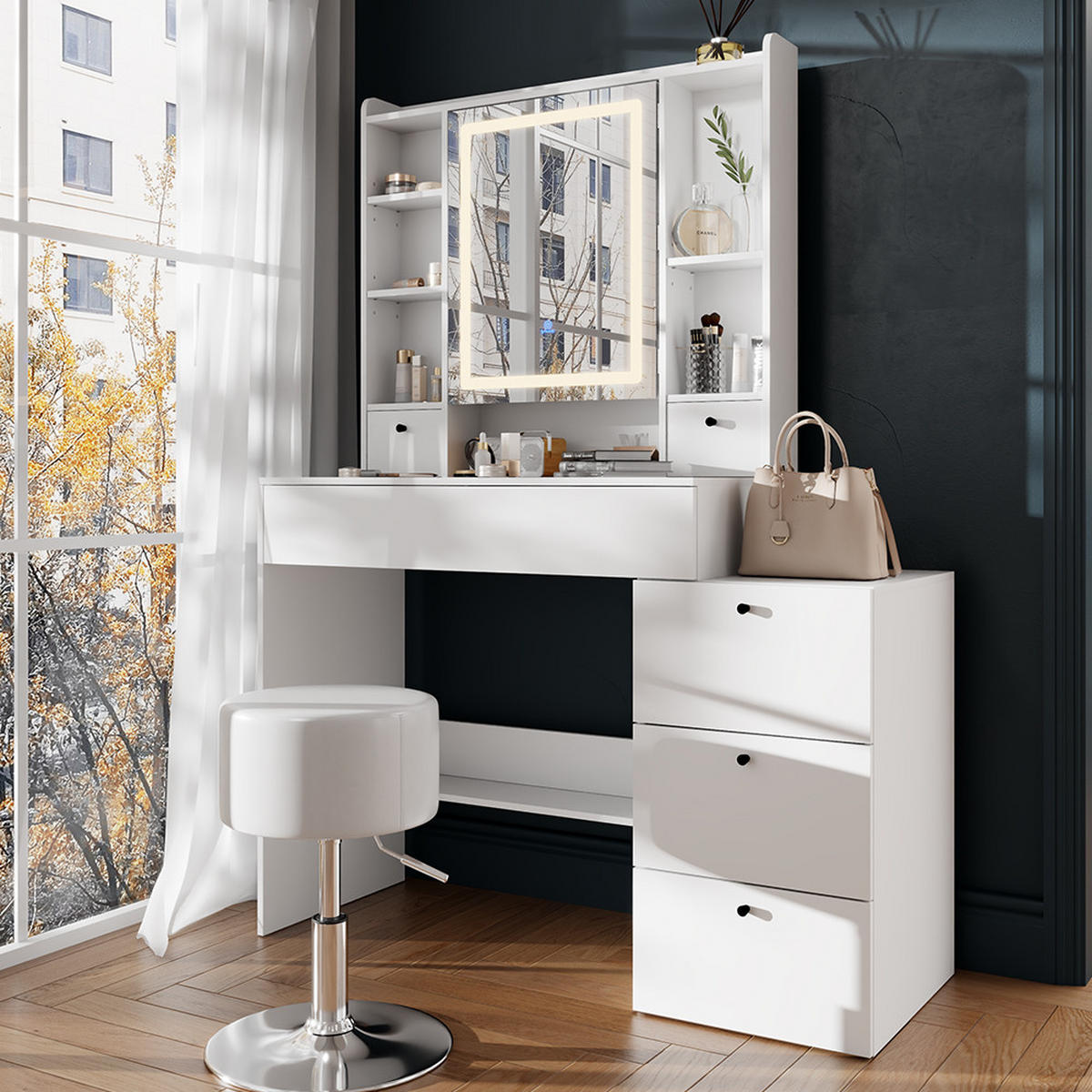 SCHMINKTISCH Livora Weiß 105.5 cm mit LED-Spiegel - Weiß, Holzwerkstoff (105.5/146.5/40cm) - Vicco