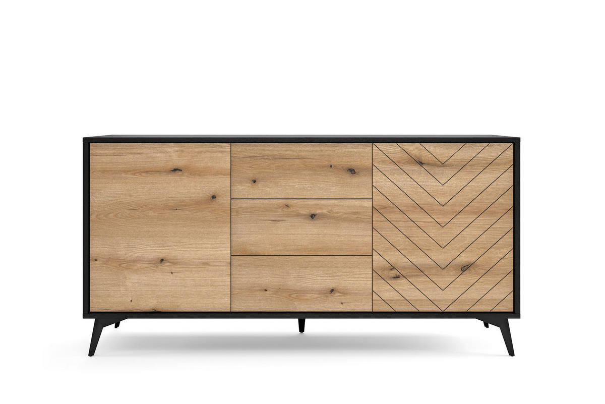 KOMMODE DIAMOND K2D3SZ (Eiche Evoke, Schwarz, Fischgrätmuster, Metallfüße, Push to Open) - Eichefarben/Schwarz, Holz/Holzwerkstoff (154/77/39cm) - Ravio