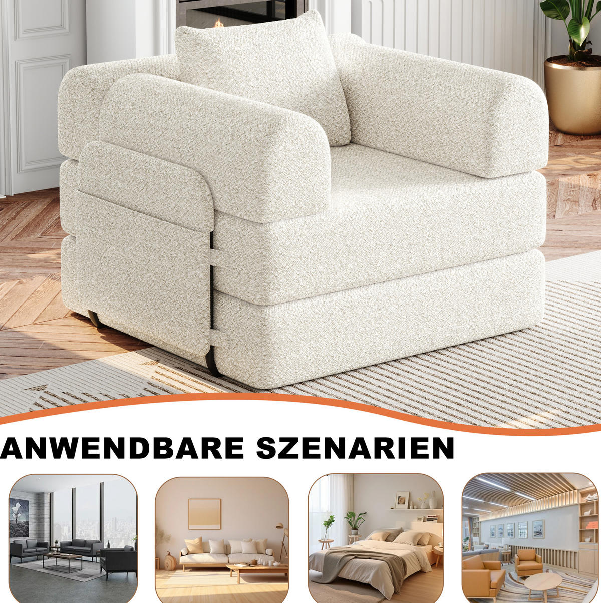 SCHLAFSOFA aus Chenille Beige 2-in-1 mit Armlehnen-Ablagefach und Stahlrahmen - Beige, Textil (184/50/182cm) - Modfu