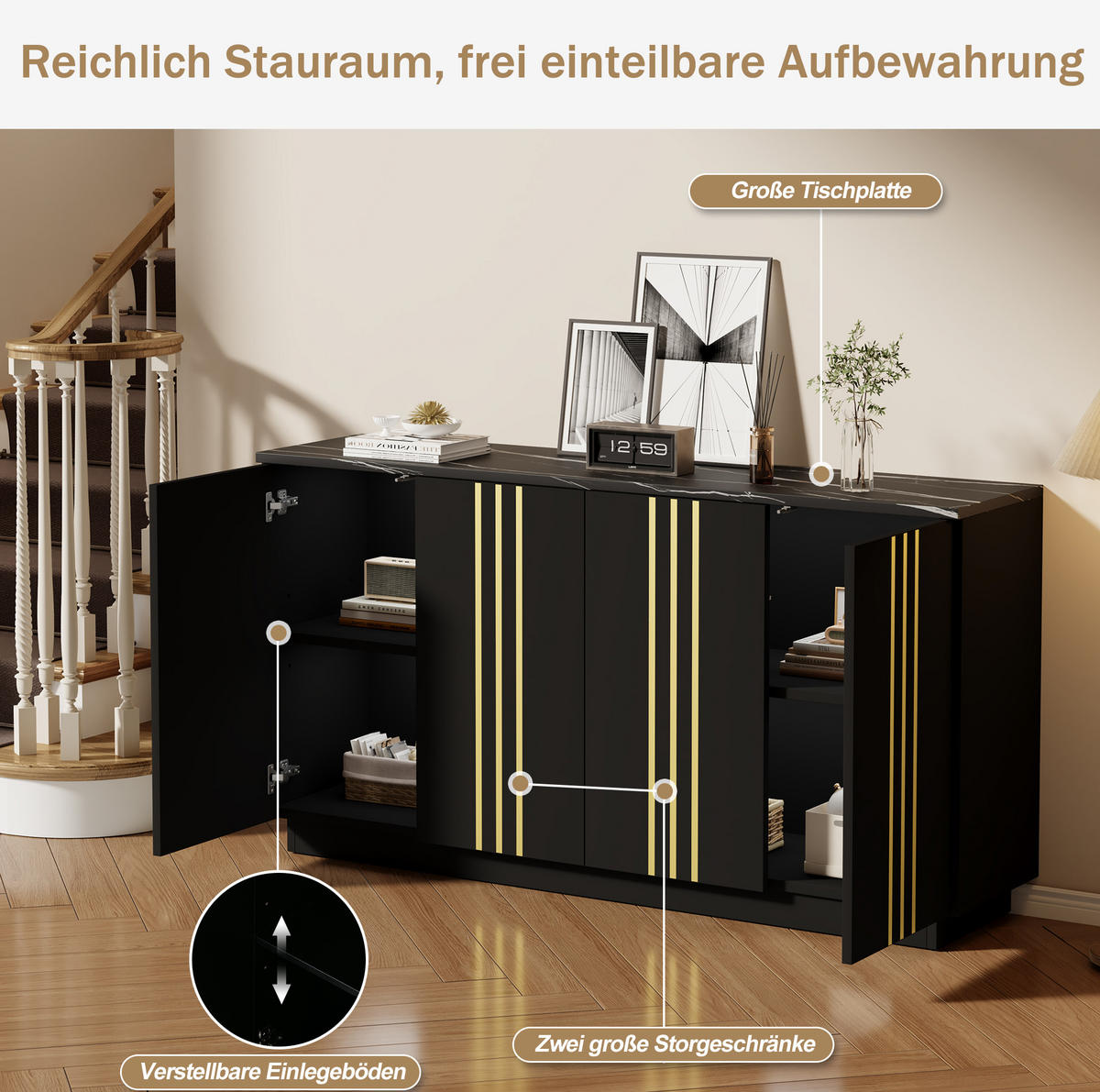 SIDEBOARD 140/35/70 cm schwarz aus Spanplatte mit 4 Türen - Schwarz, Holzwerkstoff (140/70/35cm) - OKWISH