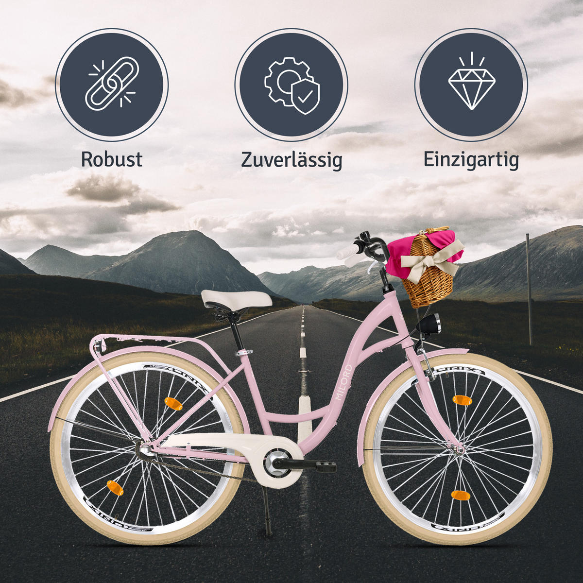 CITY-FAHRRAD Milord mit Weidenkorb, 28 Zoll, Rosa-Creme, 3-Gang - Pink/Creme, Metall (46cm) - Milordbikes