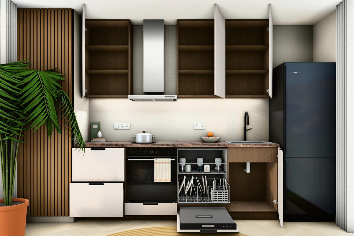 KÜCHENZEILE Sorento Beige & Dunkle Eiche – 240 cm – KÜ-SORENTOB-001 - Beige, Holzwerkstoff (240/247/52cm) - ROYAL24_MARKT