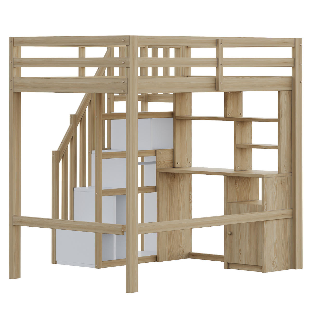 HOCHBETT 90/200 cm mit Schreibtisch, Regalen, Schränken und Stauraumtreppe, Natur Holzwerkstoff - Naturfarben, Holzwerkstoff (90/200cm) - Redom