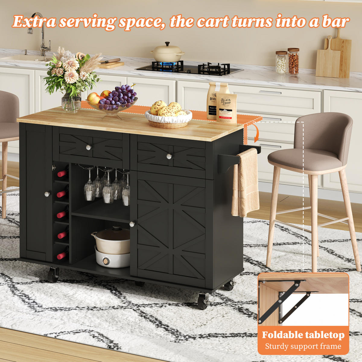 KÜCHENINSEL 120/89/45(70) cm Schwarz aus MDF mit klappbarer Arbeitsplatte - Schwarz, Holzwerkstoff (70/89/120cm) - OKMYHOME