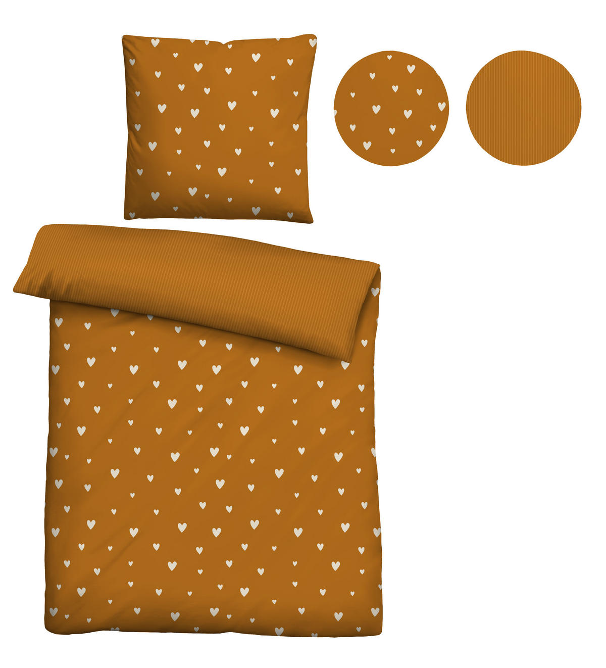 BETTWÄSCHE-GARNITUR Renforcé Herzen ocker, 135x200 cm + 80x80 cm - Currygelb, Textil (135/200cm) - Castell