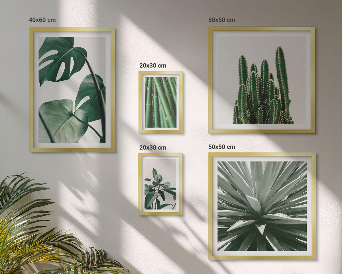 WANDBILDER 5er Set - 50x50 cm & 20x30 cm & 40x60 cm Goldrahmen - Bambusblätter - Goldfarben, Kunststoff (40/60cm) - ArtPrintCave