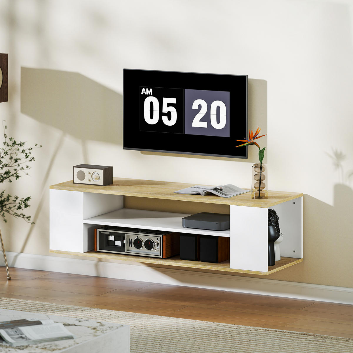 TV-LOWBOARD Weiß/Natur 120/40/38,5 cm, mit Rollen, Wandmontage möglich - Weiß, Holzwerkstoff (120/38.5/40cm) - PANGIVO