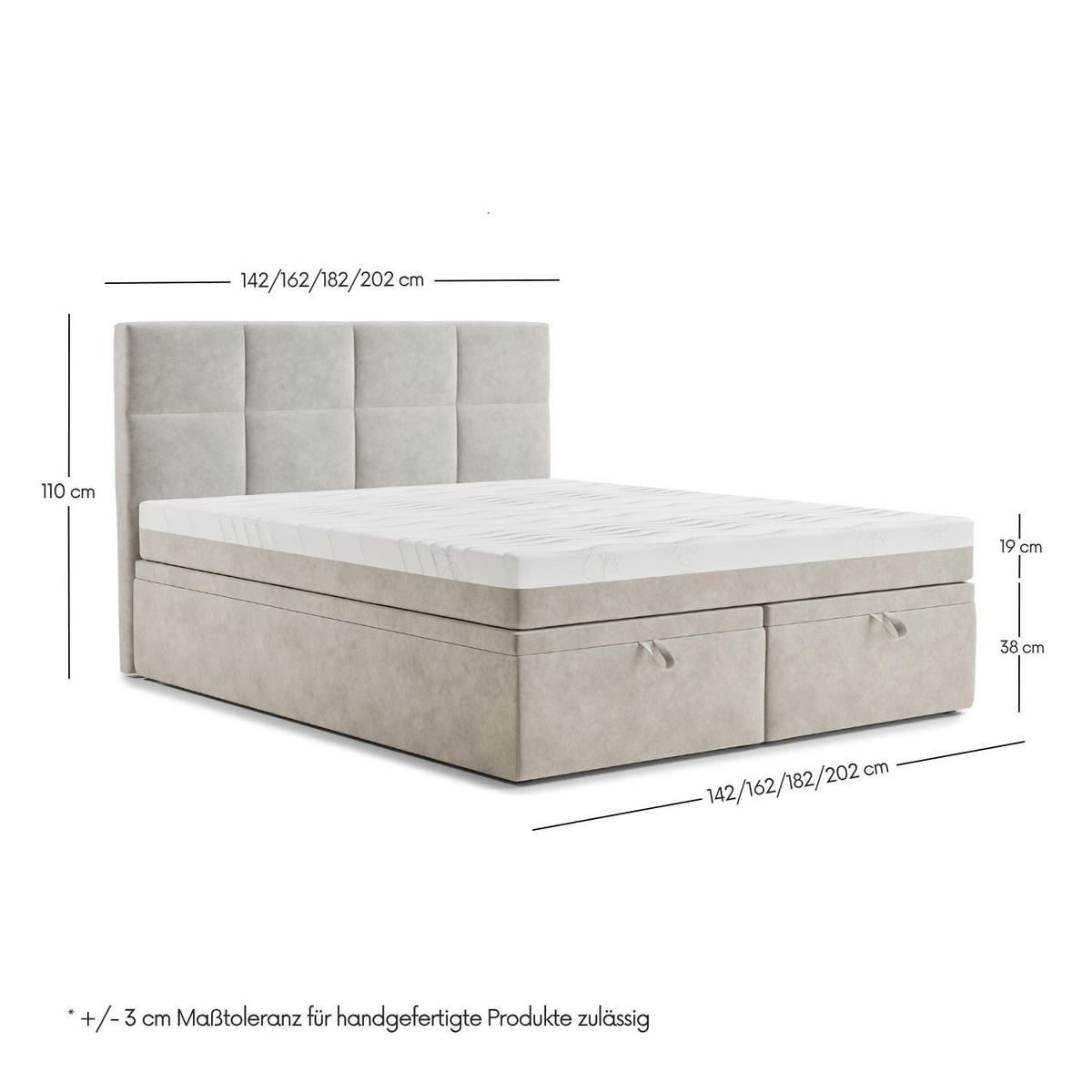 BOXBETT 180/200 cm Umage, in Beige, Matratze, gepolstertes Kopfteil, Bettkasten, H3 = fest - Beige/Schwarz, Holz/Holzwerkstoff (180/200cm) - Maison de Reve