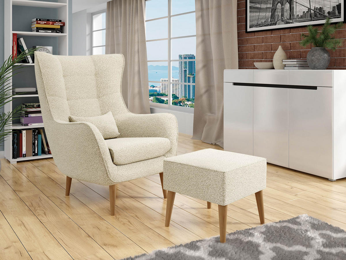 SESSEL Estjano Boucle mit Fußbank - Beige/Naturfarben, Holz/Textil (80/106/95cm) - MIRJAN24