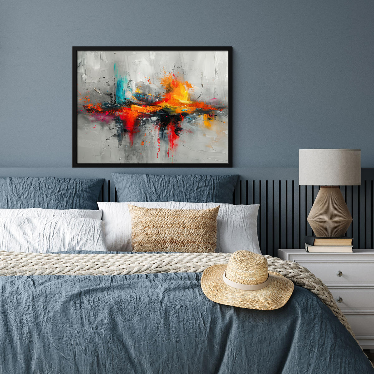 POSTER MIT RAHMEN Moderne Kunst - Orange - Grau - Abstrakt 80x60 cm - Hellgrau, Papier (80/60cm) - MuchoWow