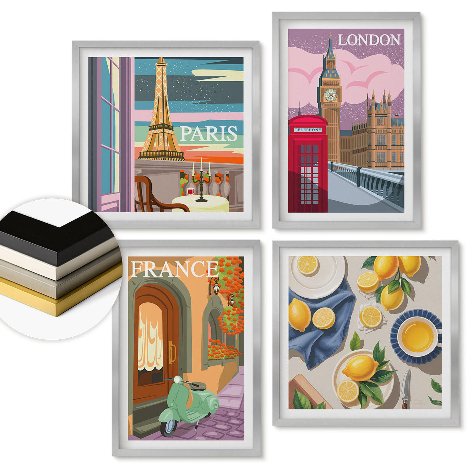 WANDBILDER 4er Set - 50x50 cm & 40x60 cm Silberner Rahmen - Stadtansichten Paris London Frankreich - Silberfarben, Kunststoff (50/50cm) - ArtPrintCave