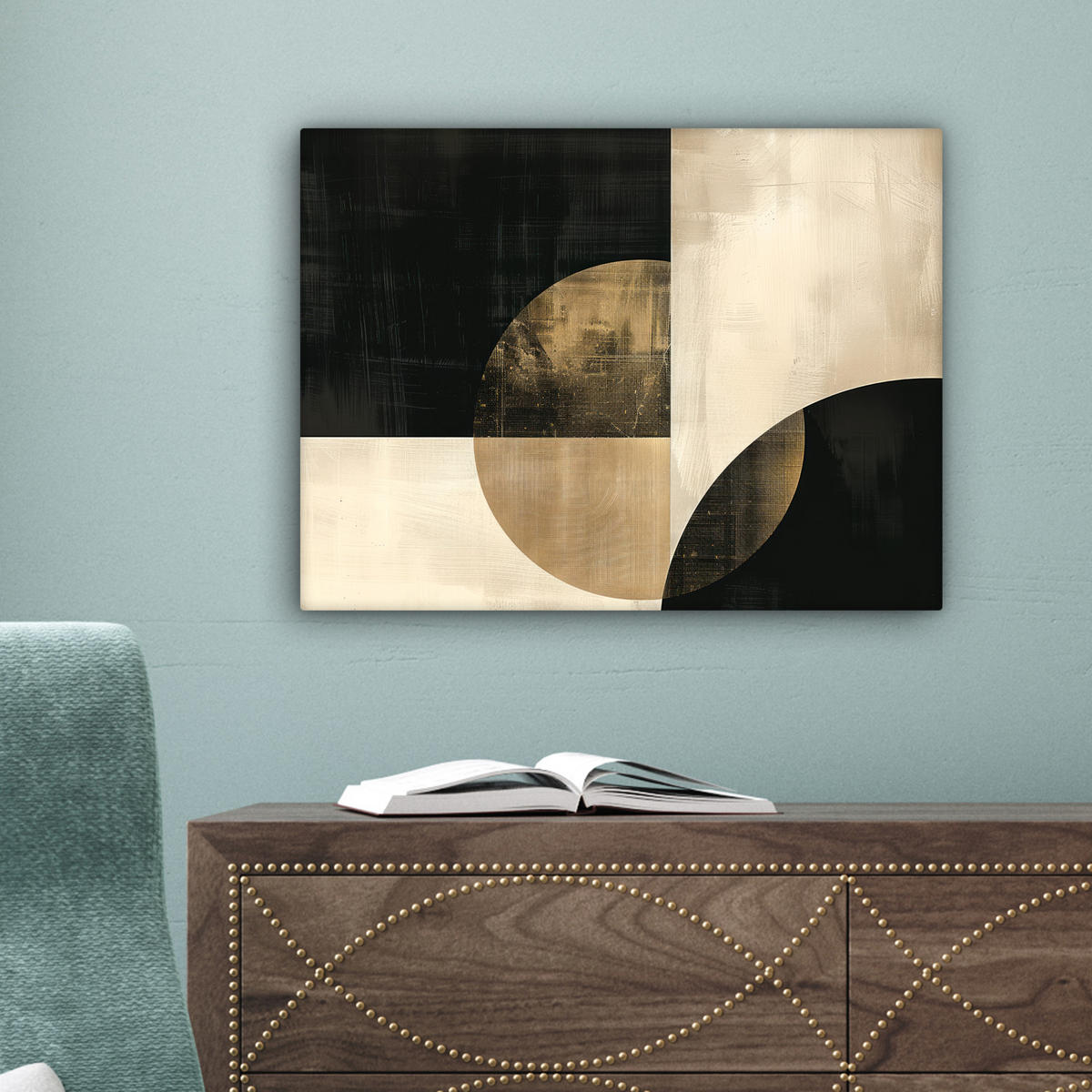 LEINWANDBILD Abstrakt - Geometrische Formen - Schwarz - Gold Wandbild 40x30 cm - Ecru, Textil (40/30cm) - MuchoWow