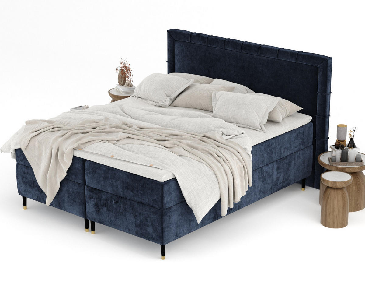 BOXBETT Monpelli Marineblau 140/200 cm mit Matratze und Topper - Schwarz/Dunkelblau, Holz/Holzwerkstoff (140/200cm) - Maison de Reve