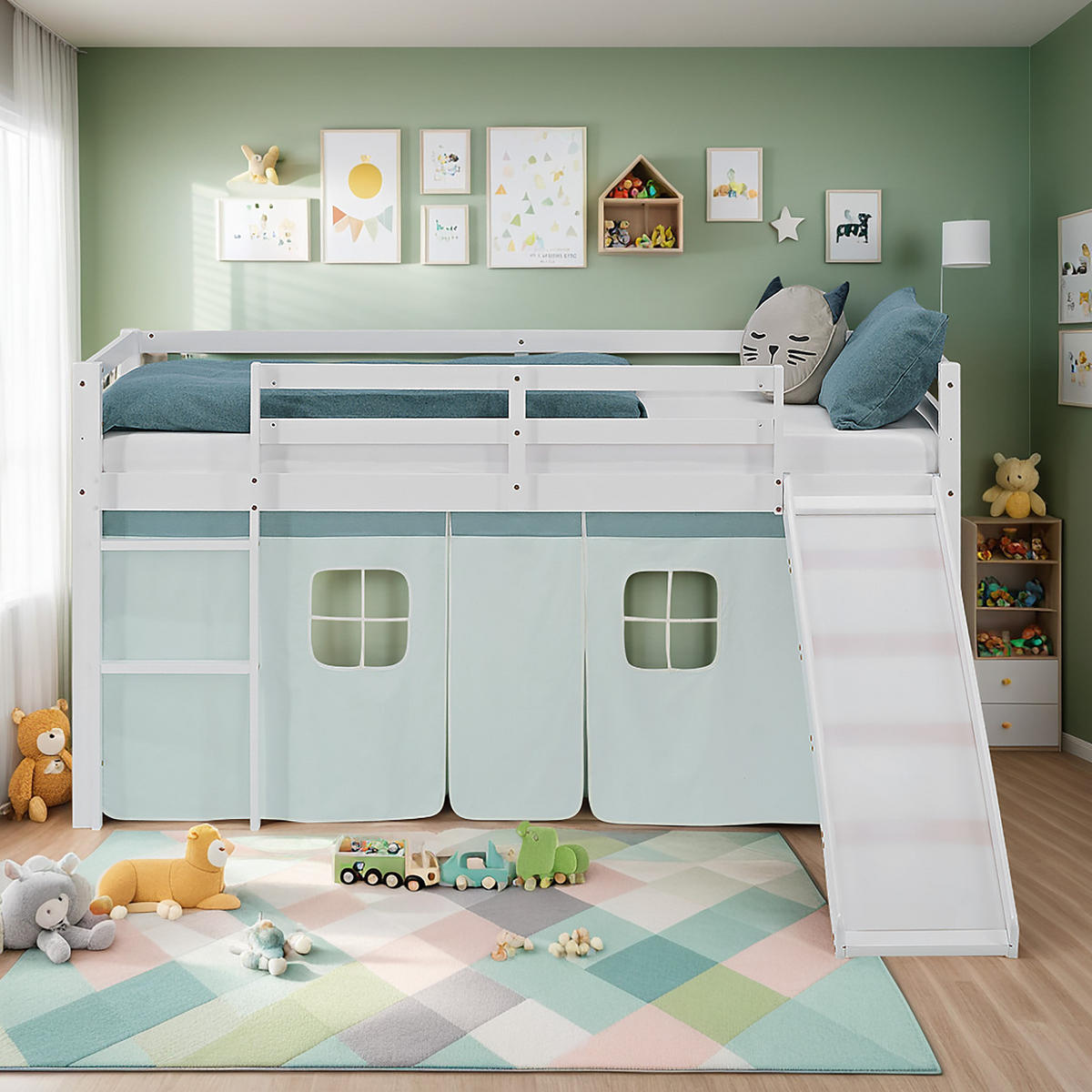 HOCHBETT 90/200 cm Weiß Rutsche Mint / Kiefer - Weiß/Mintgrün, Holz/Textil (90/200cm) - Homestyle4u