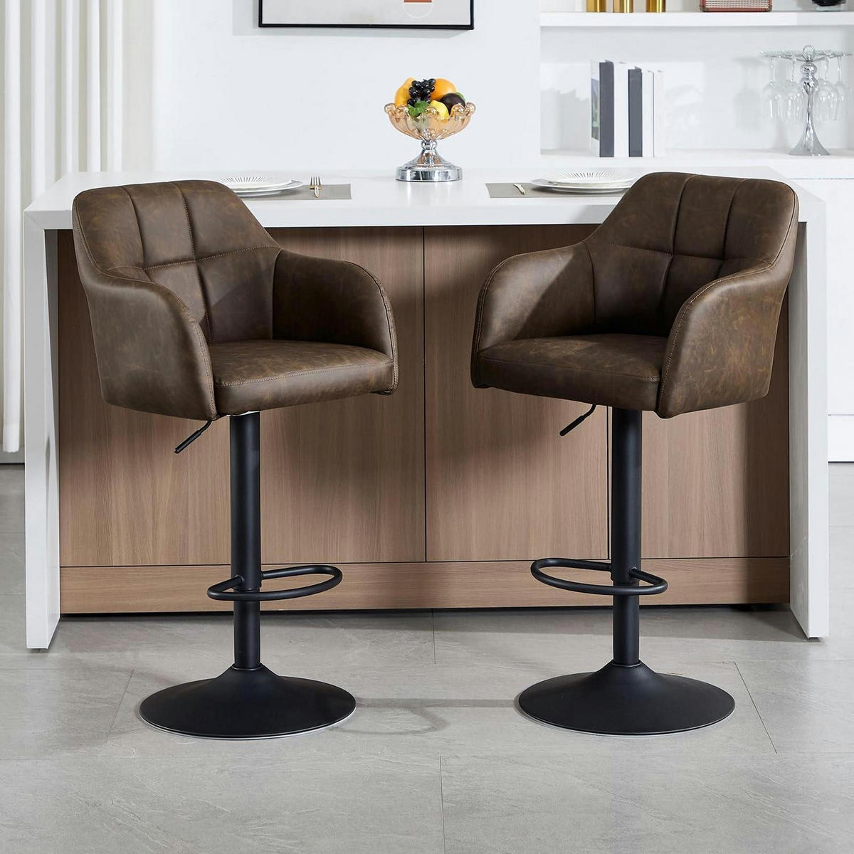 BARHOCKER 2er-Set höhenverstellbar Braun mit Armlehnen - Braun, Leder (56/116/41cm)