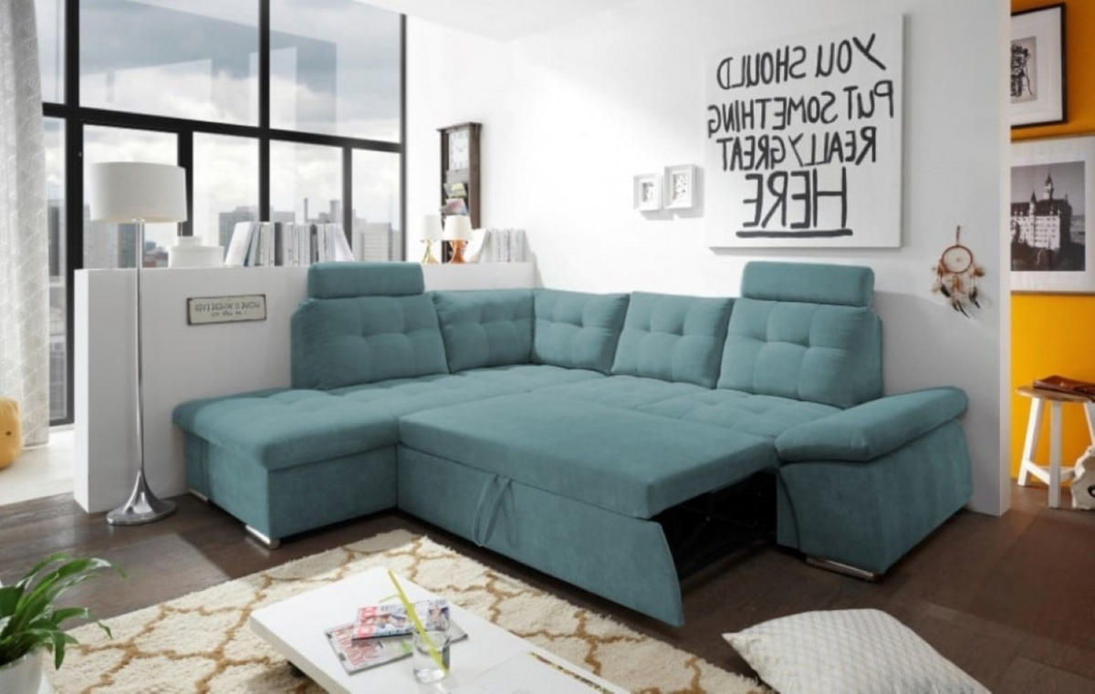 ECKSOFA mit Schlaffunktion, Bettkasten und verstellbarer Armlehne - Chromfarben/Grün, Textil (260/219cm) - ed exciting design
