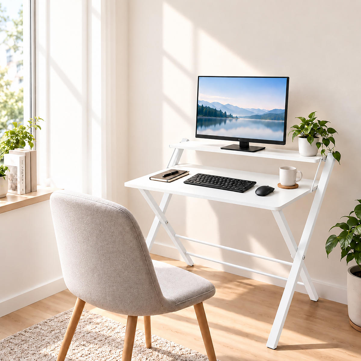 SCHREIBTISCH Weiß klappbar mit Monitoraufsatz 70x56 cm - Weiß, Holzwerkstoff/Metall (56/70/82cm) - Relaxdays