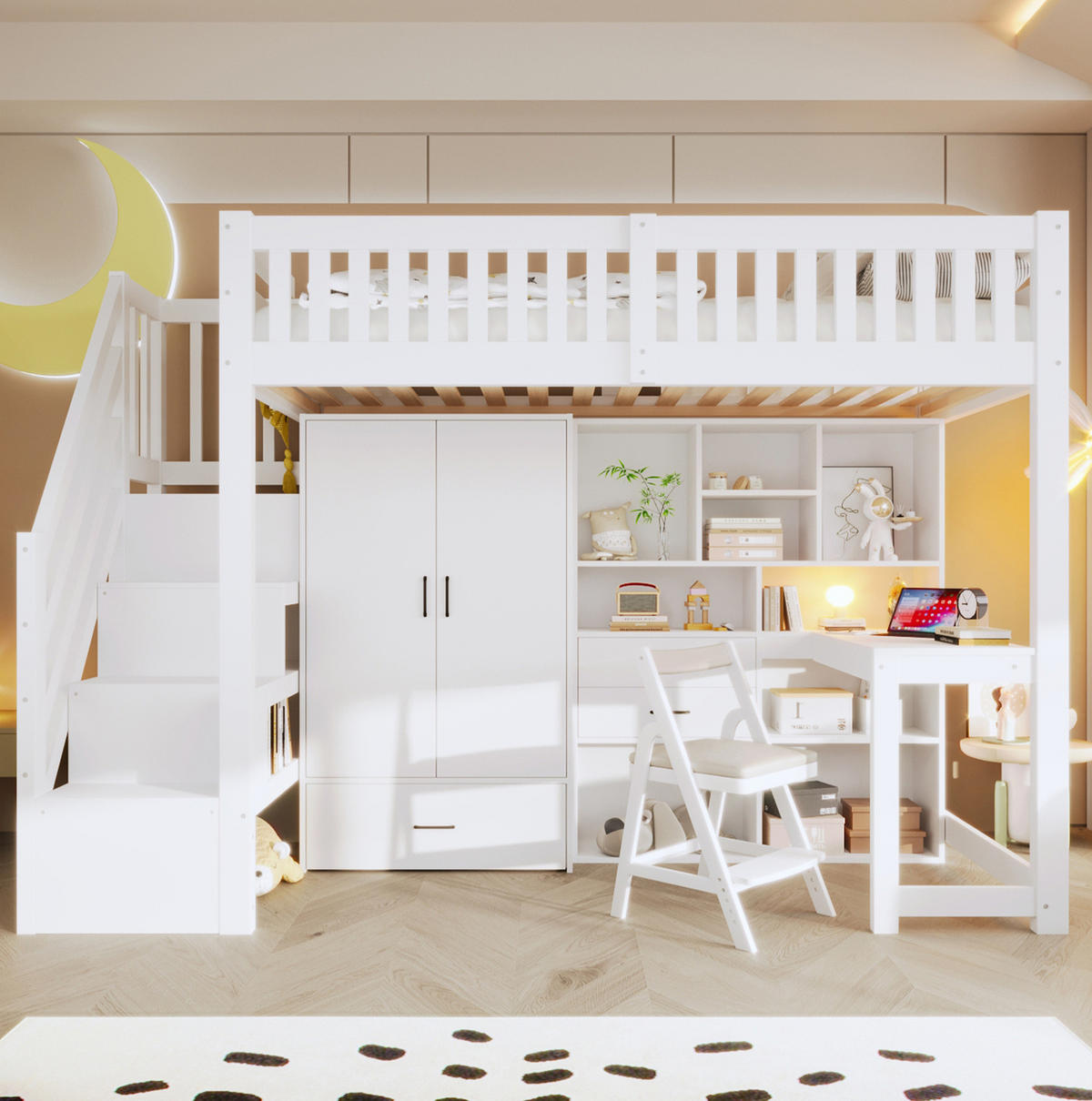 HOCHBETT 90/200 cm mit Schreibtisch, Ablageleiter, Kleiderschrank und Schubladen aus Kiefernholz, Weiß - Weiß, Holz (90/200cm) - Redom