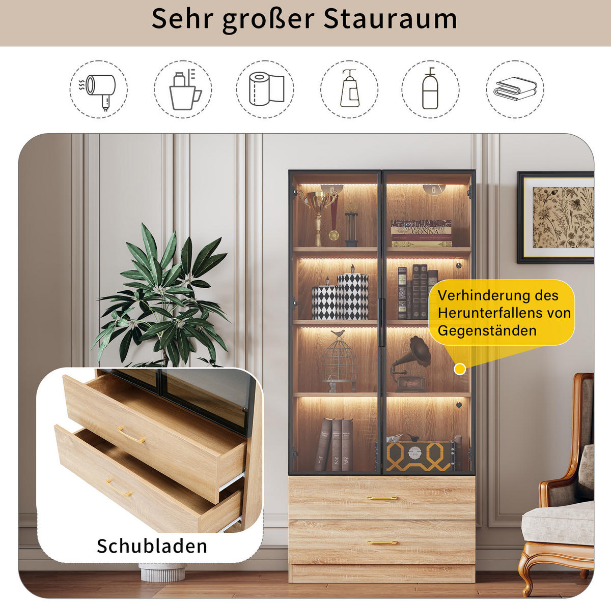 VITRINE Braun aus MDF mit Glastür und Lichtleiste - Braun, Holzwerkstoff (34.5/170/75cm) - OKMYHOME