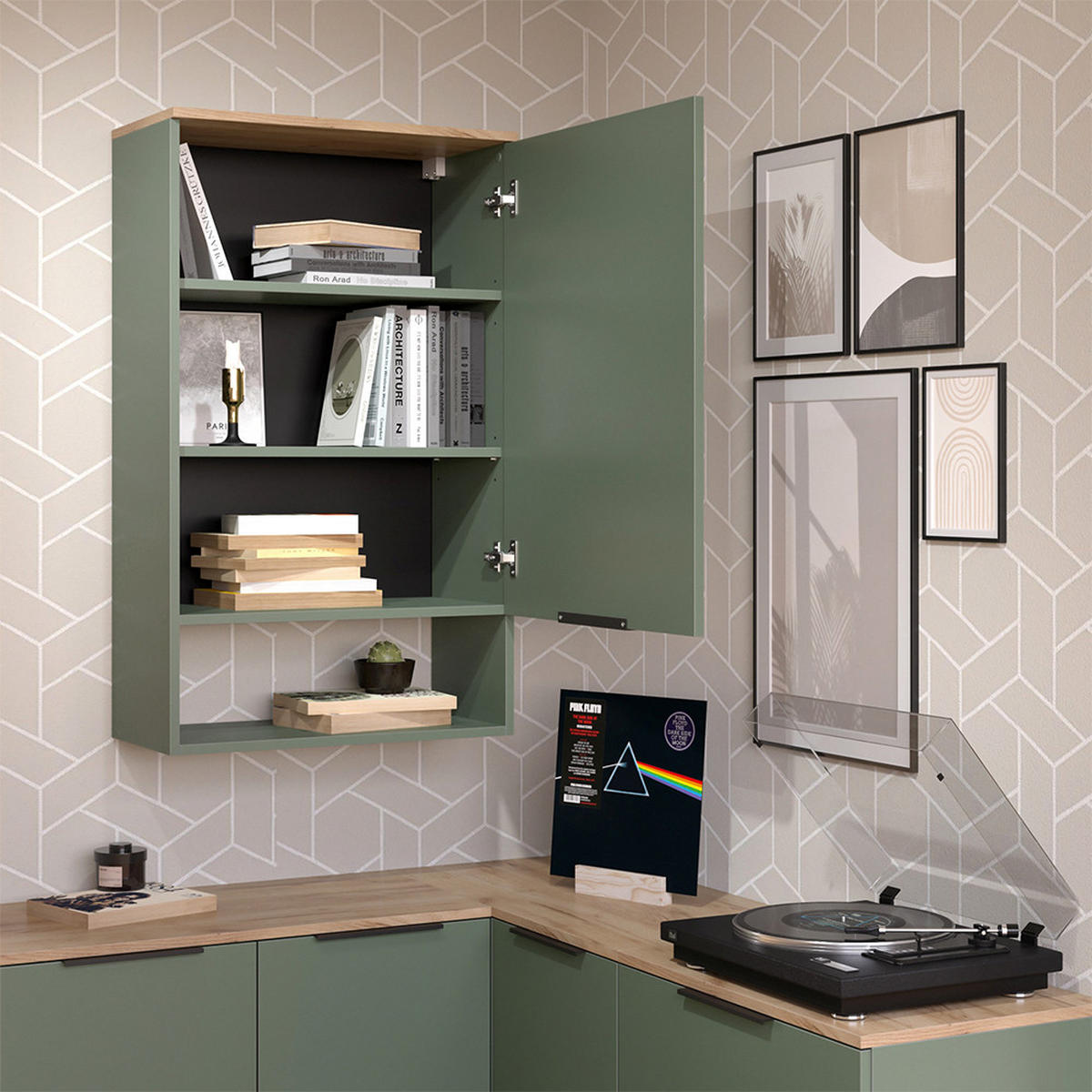 STĚNOVÁ POLICE Wido Zelená - Sonoma dub/zelená barva, kompozitní dřevo (60/100/30cm) - Vicco