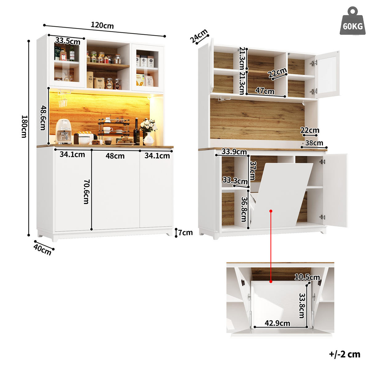 BUFFETSCHRANK Weiß 120/40/180 cm - Weiß, Holz (120/180/40cm) - PANGIVO