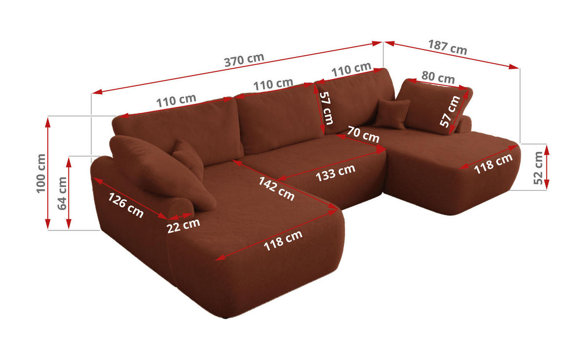 WOHNLANDSCHAFT CUBO U Orange Plüsch - Schwarz/Orange, Kunststoff/Textil (370/100/187cm) - MKS