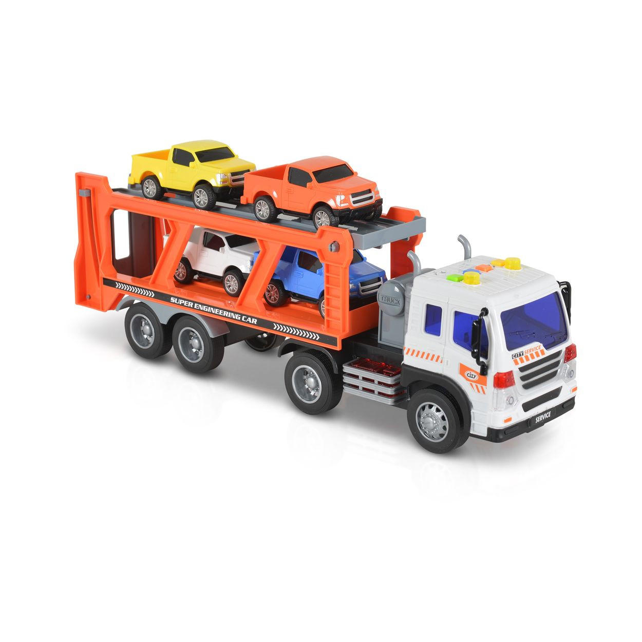 SPIELZEUG AUTOTRANSPORTER Autotransporter WY572A orange 1:16, Soundfunktion, Ladefläche, 4 Autos, Kunststoff, Autotransporter - Orange, Kunststoff (9/13/38cm) - Moni